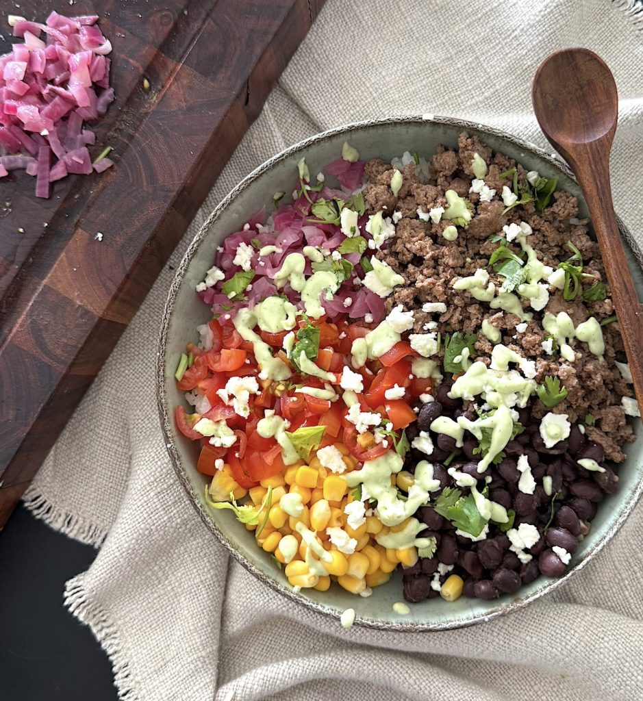 Ground Beef Taco Bowl with Avocado Crema